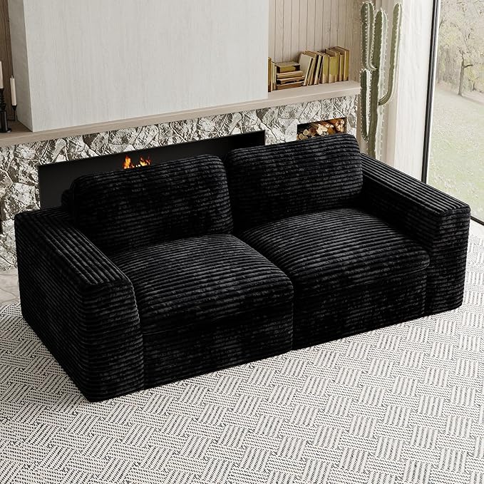 Boneless Loveseat Sofa Plush Corduroy Sectional Couch with Deep Seat Modular Cloud Sectional Couches for Living Room.Black Sofa.