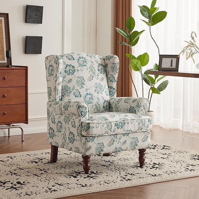 MELLCOM Floral Accent Chair High Back Upholstered Armchair with Solid Legs Leisure Single Sofa Chair for Living Room Bedroom Home Office Light Cyan Floral