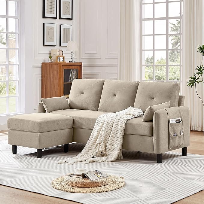 Small Sectional Sofa Convertible Sectional Sofa with Reversible Chaise Modern 3 Seat L-Shaped Sofa Couches for Living Room Apartment Office Beige