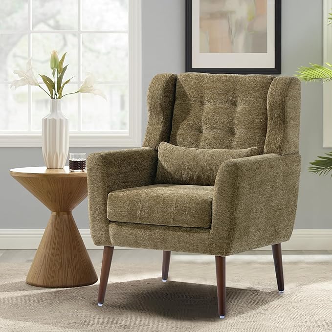 Modern Accent Chair Chenille Fabric Upholstered Tufted Side Chair Wingback ChairMid Century Reading Armchair with Waist Pillow Backrest for Living Room Bedroom (Olive Green)