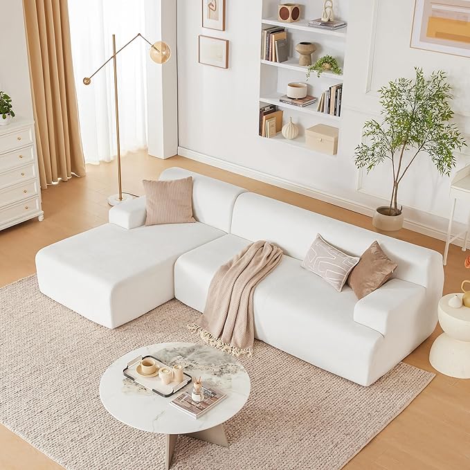 107 Modular Sectional Cloud Couch Boneless couches Sponge sectionals for Living Room High Density Sponges Sofa Modular L-Shape with Chaise White