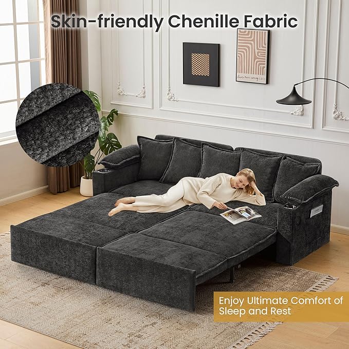 82.7’’ King Size Pull Out Sofa Bed 3 in 1 Convertible Sleeper Sofa Bed with Futon Sofa Black | USB Ports Chenille Loveseat Storage Pocket Pet-Friendly Pull Out Sofa Bed