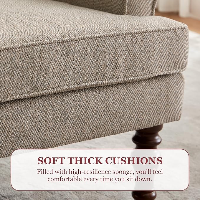 HUIMO Printed Wingback Accent Chair Linen Upholstered High Back Armchair Comfy Reading Chair for Living Room Bedroom Study 300lbs Weight Capacity (2 Brown with Lines)