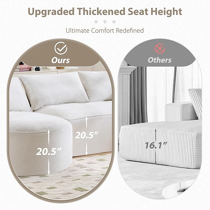 Modern 124.5 Compressed Boneless White Chenille Fabric Arc Sectional Sofa with 7 Pillows - No Assembly Curved Living Room Couch for Contemporary Spaces