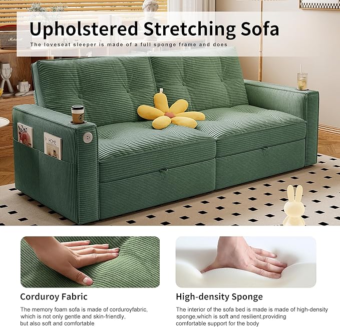 73 Queen Size Sofa Bed Loveseat Sleeper Sofa with Pull Out Bed Pockets and USB Modern 2 Seater Convertible Small Couch for Living Room Bedroom Apartment (Green Corduroy)