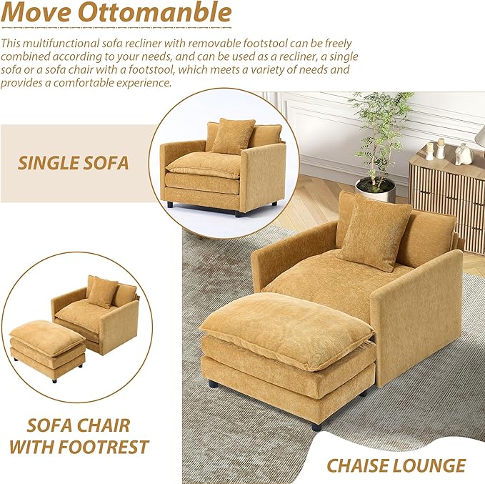 TTK Oversized Chaise Lounge Chair with Ottoman - 39.17 Wide Modern Sleeper Sofa for Living Room Bedroom &amp Office - Deep Seat Sectional Couch with Pillow Comfortable Reading Chair (Yellow 39.17