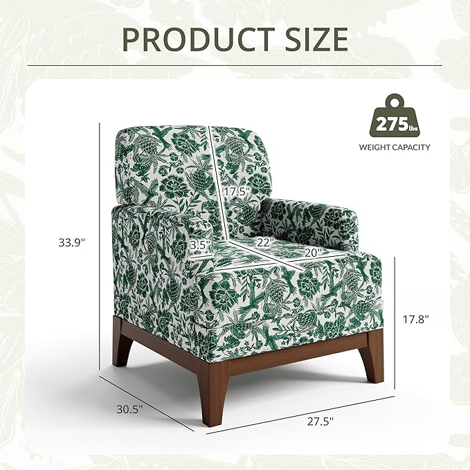 Floral Accent Chair Set of 2 Upholstered Armchair with Solid Legs Comfy Reading Single Sofa with Spring-Padded Cushion for Bedroom Green