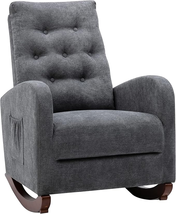 Cozy Linen Reclining Rocking Chair with Side Storage Pocket Comfortable Button Tufted Rocker Elegant and Functional Rocking Recliner Chair Ideal for Living Room &amp Nursery Dark Grey