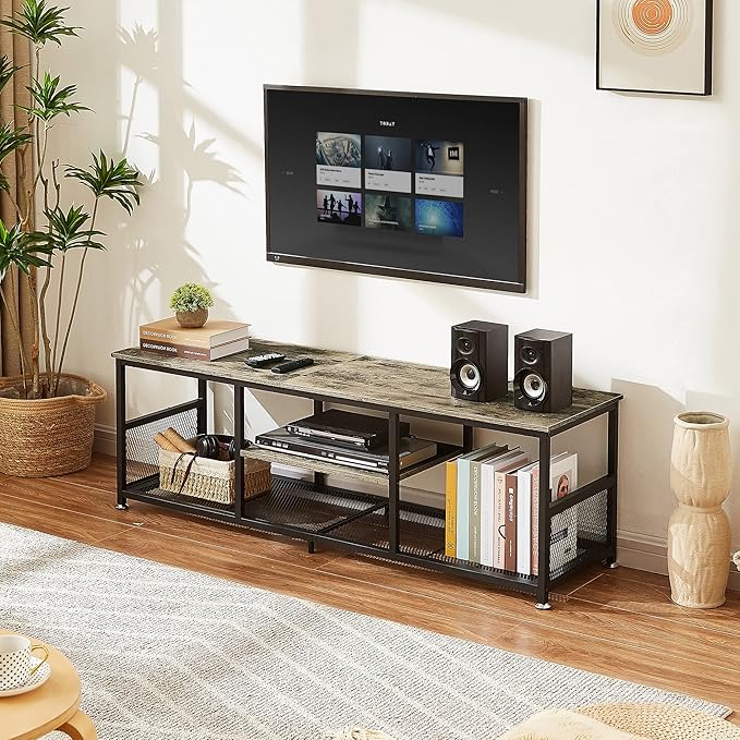 VECELO Industrial TV Stand for Televisions up to 65 Inch 55 Entertainment Center with Open Storage Shelves for Living Room/Bedroom 3 Tiers Media Console Table with Metal Frame Grey 55 Inches