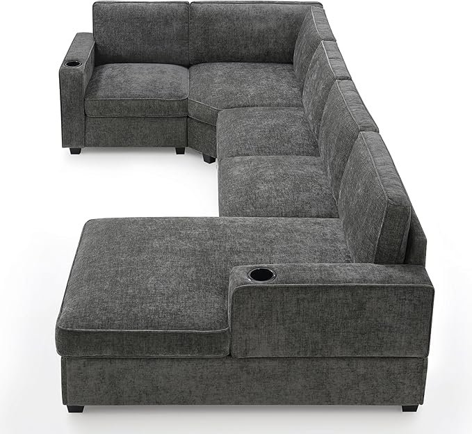 Merax Modern U-Shaped Cloud Couch Set with Oversized Chaise Lounge Chenille 6-Seat Sectional Sofa Sleeper Bed with Cup Holders for Living Room Dark Gray