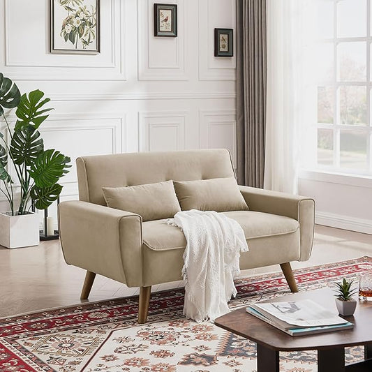 Loveseat Sofa Couch with Two Throw Pillows Mid Century Modern 2 Seat Love Seat Couches for Living Room Linen Fabric 48 (Beige)