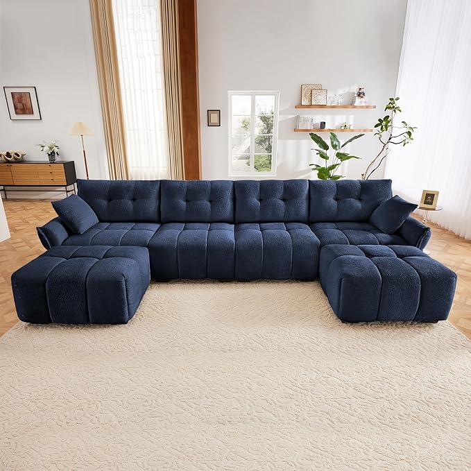 Aoowow Modular Sectional Sofa with Movable Ottoman 141.7” Chenille U Shaped Sofa Couch Upholstered Comfy 4-Seater Couches with Pillows for Living Room Apartment OfficeBlue