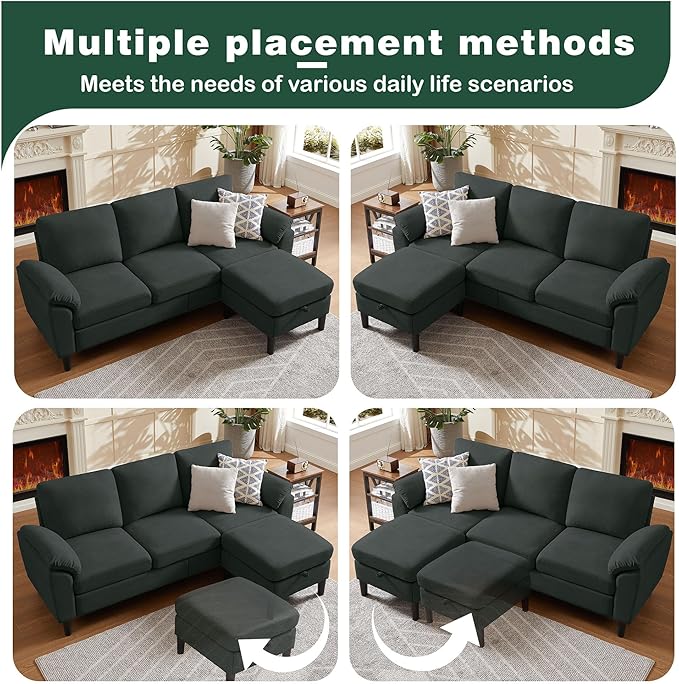 79 Convertible Sectional Sofa Modern Linen Small L Shaped Couch with Reversible Chaise and Storage Ottoman 3-Seat Sofa Couches for Living Room Office Apartment Black