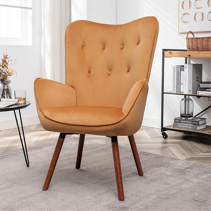 Chic Accent Arm Chairs for Living Room Bedroom or Home Office Button-Tufted Midcentury Armchair with Wingback Design and Splayed Legs Mustard Yellow