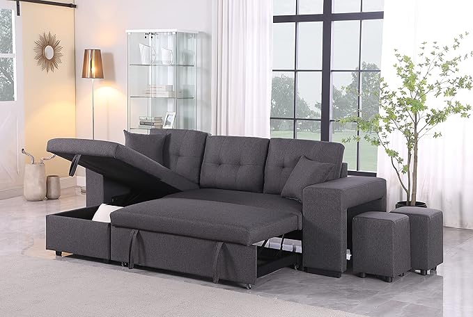 95 Reversible Sectional Sofa with Pull Out Sleeper Loveseat and Storaged ChaiseLinen Upholstered Couch W/ 2 Small Ottoman &amp Armrestfor DormApartmentStudioOfficeDark Gray