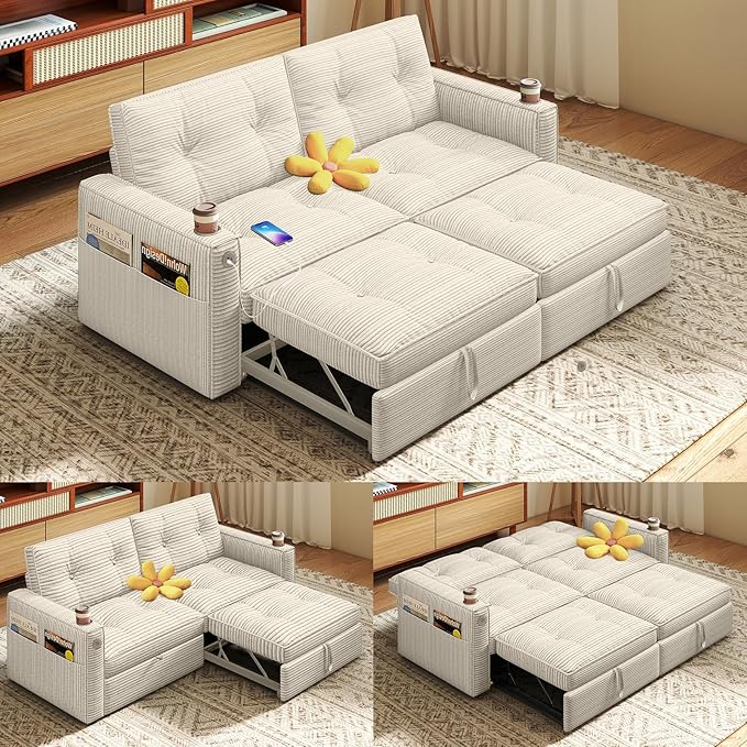 Rovibek 73.2 Convertible Sofa Bed Pull Out Couch with USB Charging Port &amp Cup Holders Adjustable Backrest Side Pockets Modern Corduroy Sleeper Sofa for Living Room Bedroom Apartment Beige