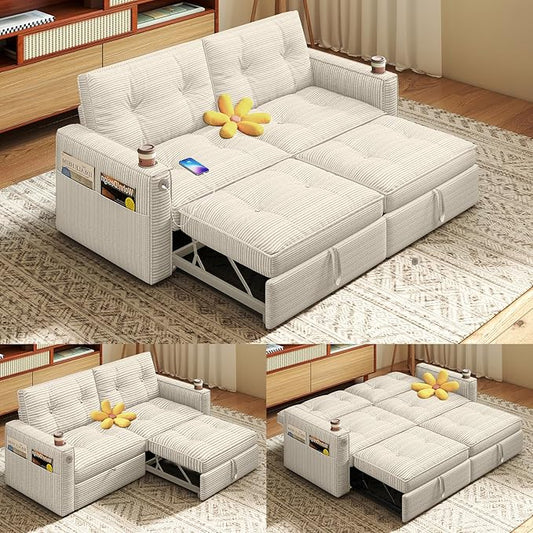 Rovibek 73.2 Convertible Sofa Bed Pull Out Couch with USB Charging Port &amp Cup Holders Adjustable Backrest Side Pockets Modern Corduroy Sleeper Sofa for Living Room Bedroom Apartment Beige