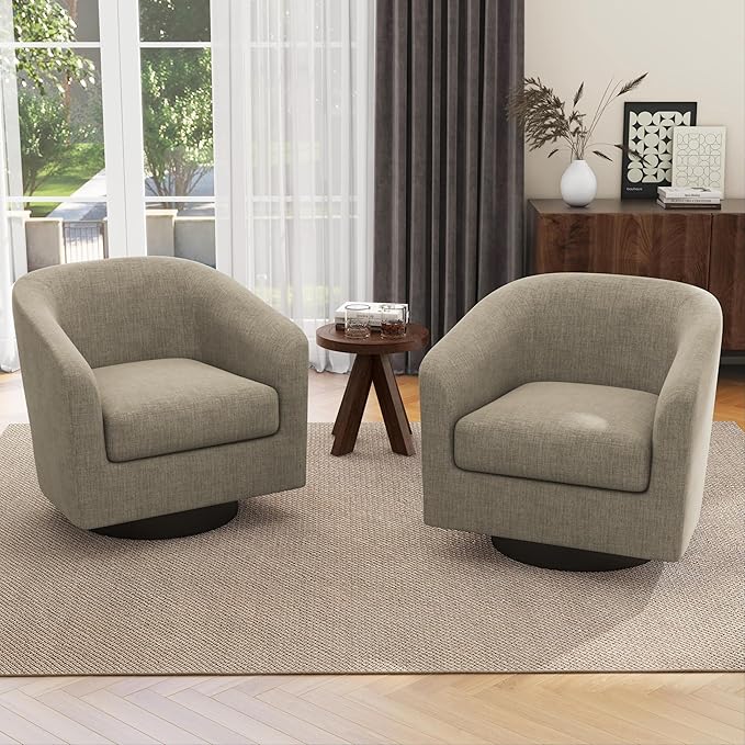 Swivel Barrel Chair Modern Round Swivel Accent Chair in Linen for Living Room Comfy Club Chair Upholstered Armchair for Bedroom Small Space-Light Brown