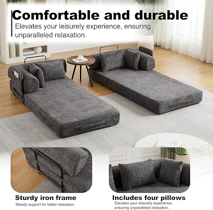 78.7 Chenille 4-in-1 Folding Convertible Sofa Bed Boneless Couches with 4 Pillows &amp Convenient Side Pockets Comfy Foldable Compressed Sofa in Box Floor Sofa Lounge Couch for Living Room(Gray)