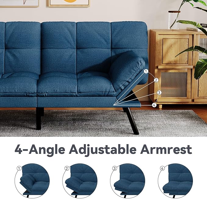 Convertible Futon Sofa BedLinen Futon Couch with Detachable CushionAdjustable Backrest &amp ArmrestModern Small Loveseat Sleeper Recliner for Living RoomOfficeApartmentBlue
