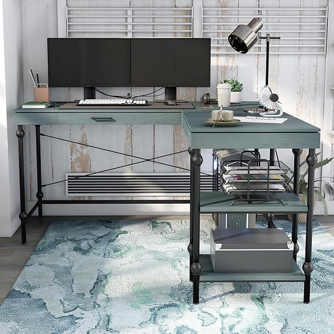 24/7 Shop at Home Monier Farmhouse Metal 2 Shelves Corner Computer Desk with USB Port Power Outlet 1 Drawer for Workstation Home Office Study Room Antique Blue