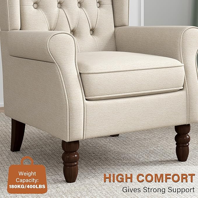 High Back Accent Chairs Set of 2 High Wingback Chair for Living Room Button-Tufted Upholstered Fabric Armchair with Solid Wood Legs Comfy Single Sofa Reading Chair for Bedroom Beige
