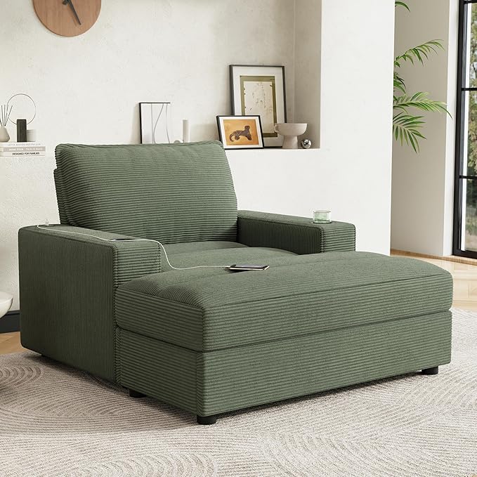 42.8 Oversized Chaise Lounge Chair with Storage Ottoman Corduroy Sofa Bed with Cup Holders &amp USB Charging Port Upholstered Sleeper Chair for Living Room Bedroom Green