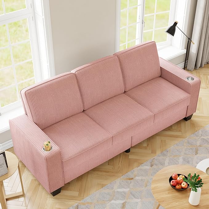 83.86 Corduroy 3-Seater Sofa with Extra Deep Seat Modern Cloud Couch with 2 Cup Holders Comfy Upholstered Sofa for Living Room Apartment &amp Office Pink