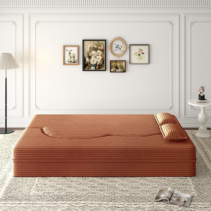 2 in 1 Folding Floor Couch Sofa Bed with 2 Pillows Convertible Sleeper Sofa Modern Full Mattress for Living Room Guestroom Plush Corduroy Floor Sofa BedNo Assembly RequiredOrange