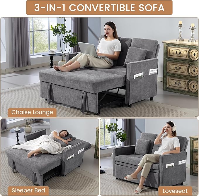 52 Convertible Sofa Bed 3-in-1 Sleeper Sofa with Pull-Out Bed Chenille Couch Folding Loveseat USB Ports &amp Adjustable Backrest Modern Loveseat for Living Room Apartment Grey