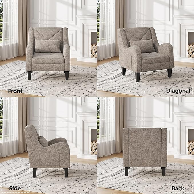 Maupvit Chenille Accent Chair for Living Room Bedroom Chair Comfy Reading Chair Upholstered Arm Chair Single Sofa Chair with Lumbar Pillow Mid Century Modern Chair for Small Spaces Grey