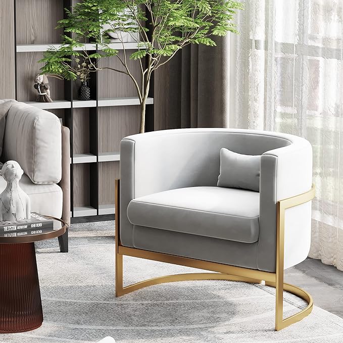 Alunaune Modern Velvet Accent Chair Barrel Living Room Chairs Upholstered Armchair Lounge Chair Mid Century Tub Bucket Club Side Chair Sofa for Bedroom-Grey