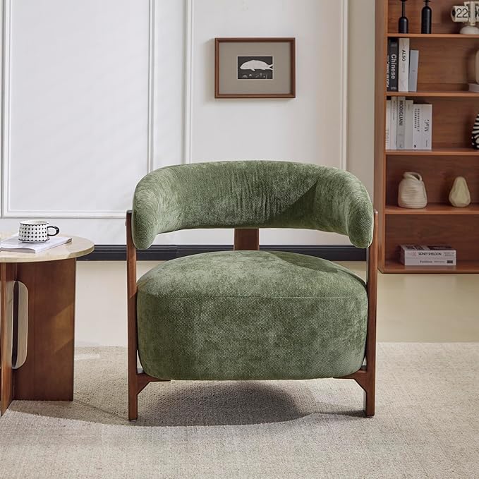 Christopher Knight Home Zax Modern Accent Chair for Living Room Upholstered Lounge Chair Indoor with Wooden Frame Comfy Reading Seating with 3 Legs Design Armchair with Cushion Green + Walnut