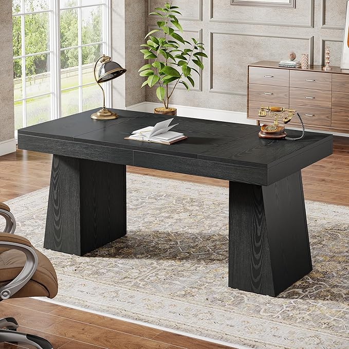 Tribesigns 55 Inches Executive Desk Mid-Century Modern Home Office Desk Wood Computer Desk Business Workstation Desk Small Conference Table Black