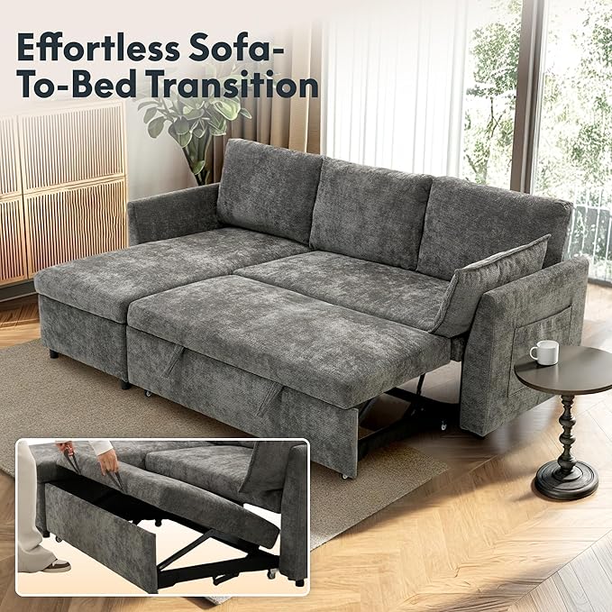 FLEXISPOT XB5 78 Pull Out Couch Bed with Storage Chaise3-Seater Sectional Sofa Bed with USB Charging Ports 2-in-1 Convertible Sofa Couch for Living Room Apartment Easy to Assemble(Gray)