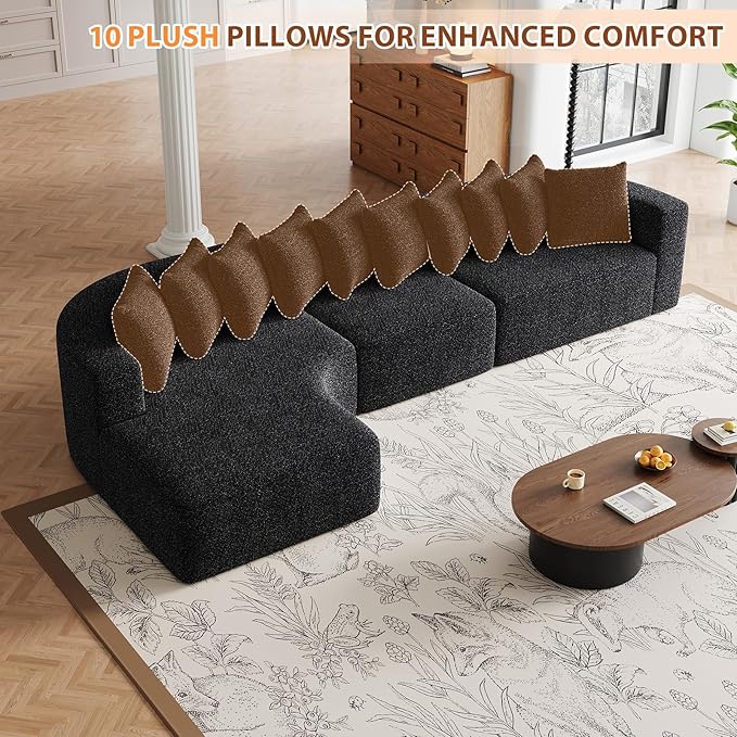 131” Oversized L Shaped Couch Corner Curved Modular Sectional Sofa with 10 Pillows Cloud Chenille Deep Seat No Assembly Required for Living Room Left Chaise Black