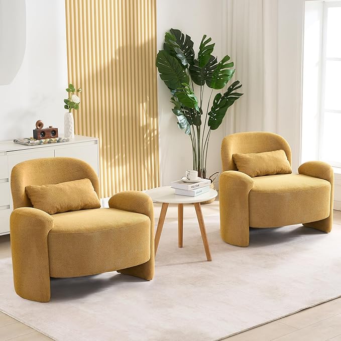 LOULENS Oversized Accent Chair Modern Linen Fabric Lounge Armchair for Living Room Upholstered Comfy Reading Single Sofa Chair for Bedroom Waiting Room Corner Office Yellow