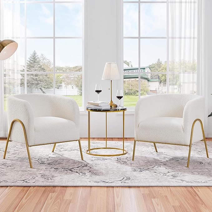 Yaheetech Accent Chair Set of 2 Armchair Set Side Chairs for Living Room Boucle Fabric Vanity Chairs with Gold Legs for Bedroom Office Reading Nook Ivory