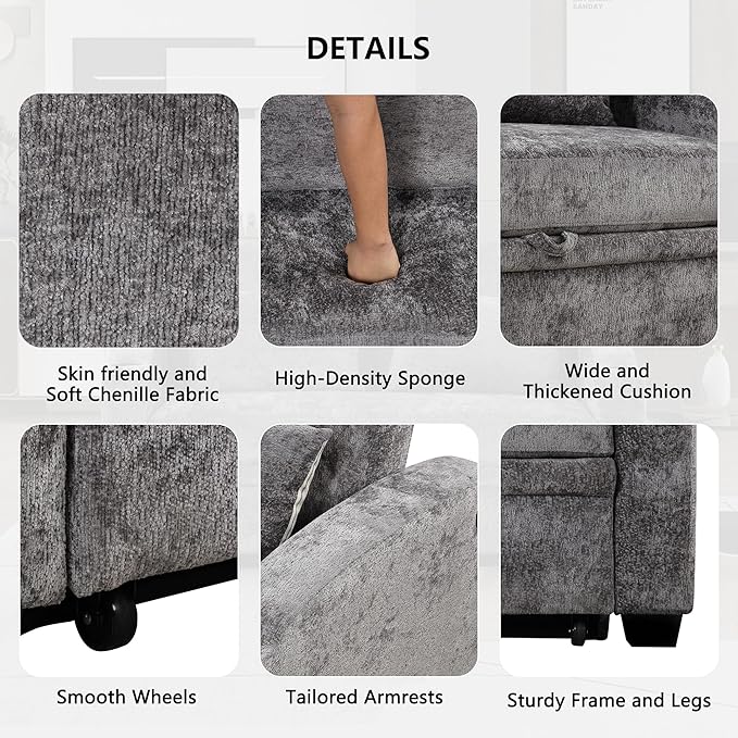 Merax 61.6 Pull Out Sleeper Sofa Bed Modern Chenille Convertible Loveseat Sofa with Adjsutable Backrest 2 Pillows Cup Holders USB Ports for Living Room Apartment Gray