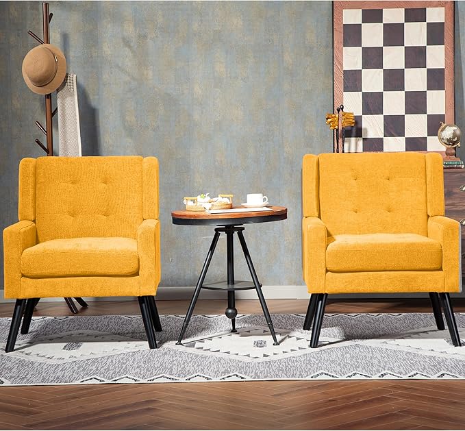 Mid-Century Modern Accent Chair Set of 2 Plush Linen Fabric with Button Tufted High Back &amp 5 Thick Cushion High Comfort Reading Chair for Living Room Bedroom Office (Yellow)