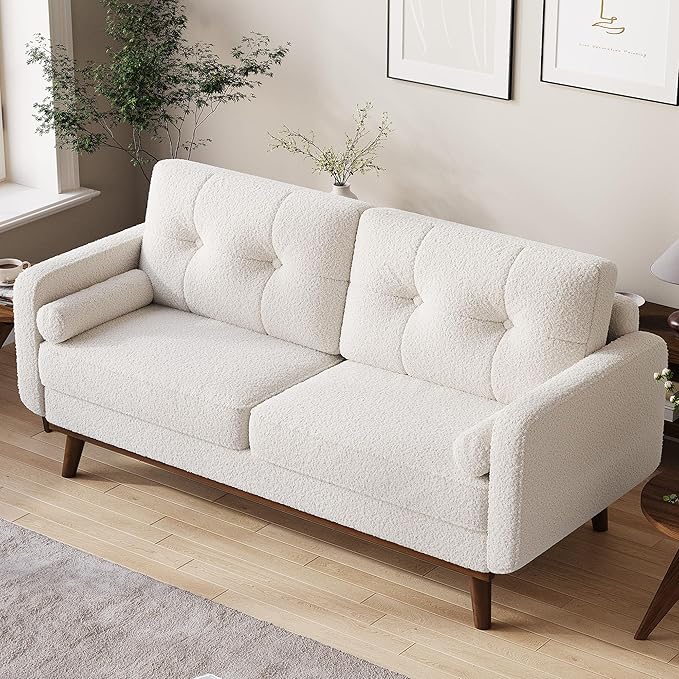 65 Mid Century Modern Couch Sofa Loveseat Comfy Love Seat Couches for Living Room 2 Seater Teddy Fleece Boucle Upholstered Deep Seat Couch for Bedroom Office Small Space Beige Cream