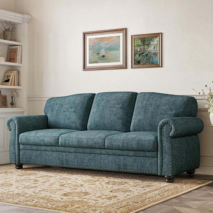 ONBRILL 90 Inch Rolled Arm Sofa for Living Room Deep Seat Nailhead Trim Couch Comfy 3 Seater Chenille Couch w/Wooden Leg Springs Seat Cushion Large Traditional Sofa for Farmhouse Blue