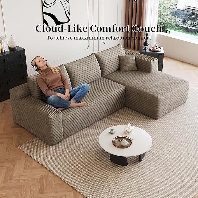 96 Cloud Small Sofa for Small Space L-Shaped Modular Sectional with Chaise for Apartment and Dorm Camel Corduroy Deep Seat Boneless Couch No Assembly Required (Camel Right Facing Chaise)