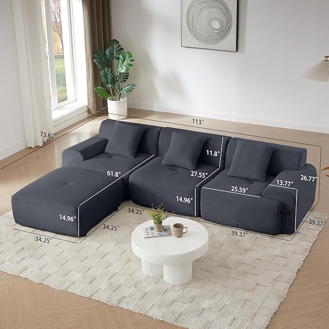 113 Modern L-Shaped Modular Sectional Sofa for Living Room Corduroy Upholstery Oversized 3-Seater Couch with Deep Seat and Movable Ottoman – No Assembly (Dark Gray)