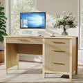 Oak Executive Desk with Drawers: 54 Wood Computer Desk with File Drawer Modern Home Office Desks with Storage Fluted Writing Desks for Working Studying (Oak 54)