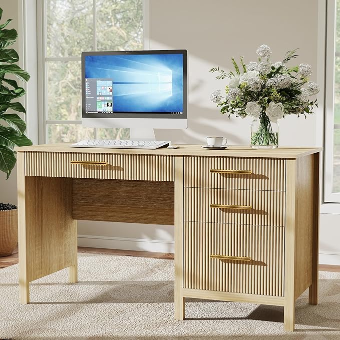 Oak Executive Desk with Drawers: 54 Wood Computer Desk with File Drawer Modern Home Office Desks with Storage Fluted Writing Desks for Working Studying (Oak 54)