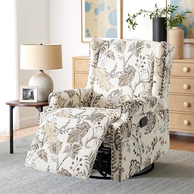 Swivel Glider Recliner Chairs Set of 2 High Back Rocker Reclining Accent Chair with Smooth Manual Mechanism for Nursery Comfortable &amp Quiet Upholstered Armchair Seating-Cream Plant