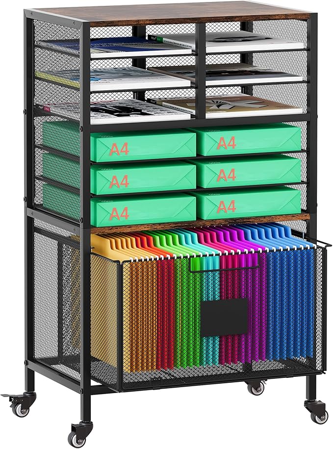 EasyPAG Rolling Cart with Storage Drawer Under Desk Filling Cabinet with Mail Sorter Pull Out Hanging File Rack for Letter Size Folders Mobile Utility Craft Cart for Home Office Black