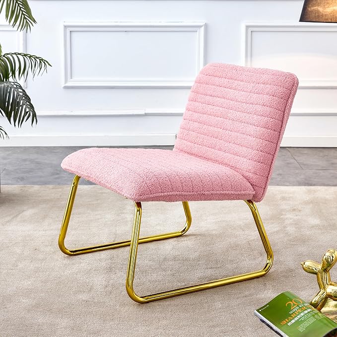 Modern Minimalist Pink Plush Fabric Single Person Sofa Chair with Golden Metal Legs. Suitable for Living Room Bedroom Club Comfortable Cushioned Single Person Leisure Sofa RR79
