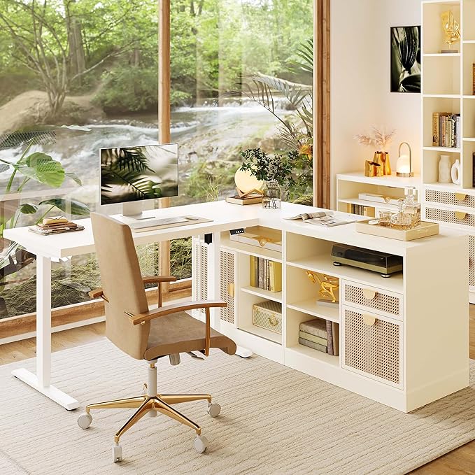 67 L Shaped Standing Desk with Drawers and File Cabinet AC/USB 1.18 Desktop Height Adjustable Wood Desk Electric Desk with Multiple Functions for Home and Office White Rattan